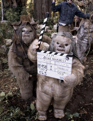 return_of_the_jedi_ewoks_with_a_clappeboard_for_'blue_harvest'